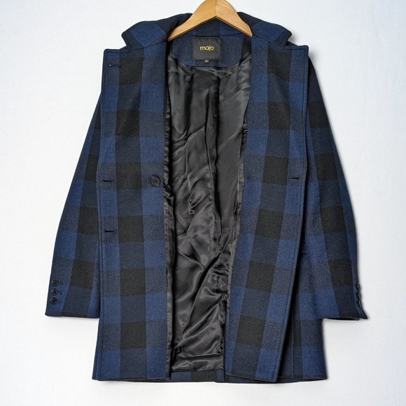 MAJE Goldan Coat Tailored Plaid Oversized Double Breasted Blazer Blue Black Wool - Picture 11 of 16